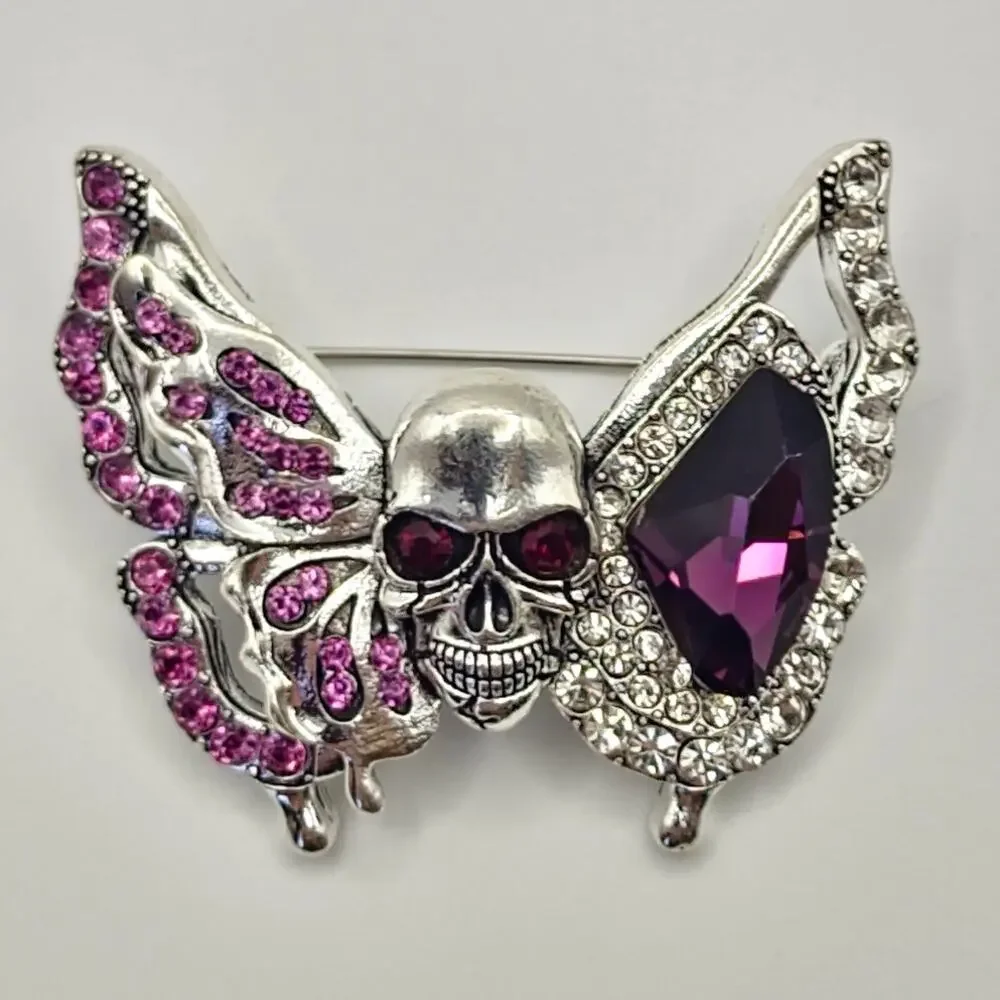 Skull Head Butterfly Brooch Faux Purple Jewels and Rhinestone Accents Goth